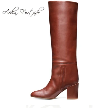 

Fashion mature comfortable women's shoes in winter 2019 slip-on chunky heels ladies boots knee high boots brown big size mature
