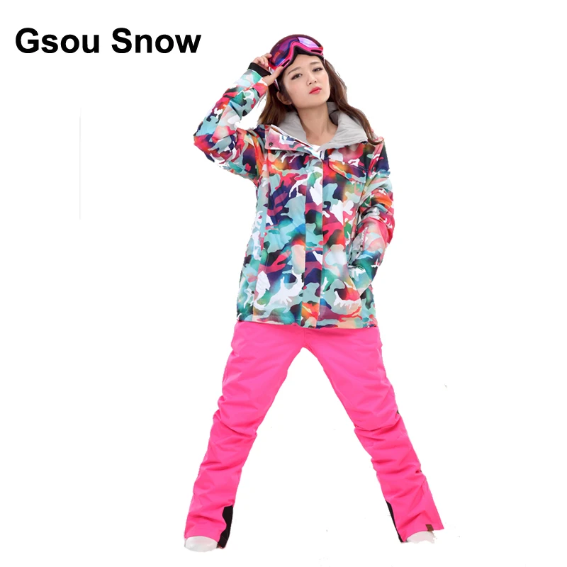 Gsou Snow Women Ski Suit Waterproof Snowboard Jacket Windproof Warm Colorful Winter Sport full suit jacket pants trousers