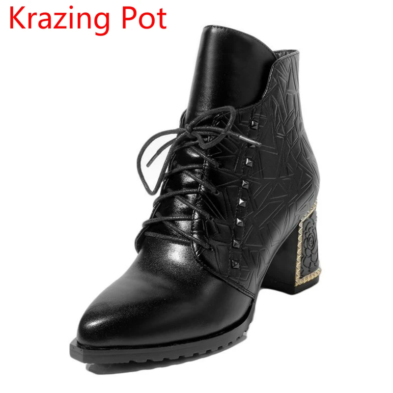

2018 New Arrival Superstar Genuine Leather Pointed Toe Thick Heel Fashion Winter Shoes Rivets Lace Up Runway Ankle Boots L7f4