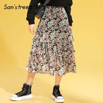 

Women Floral Print Ruffles Skirts Ladies Mid-Calf A-Line Bohemian Long Chiffon Tiered Skirts Elegant Casual