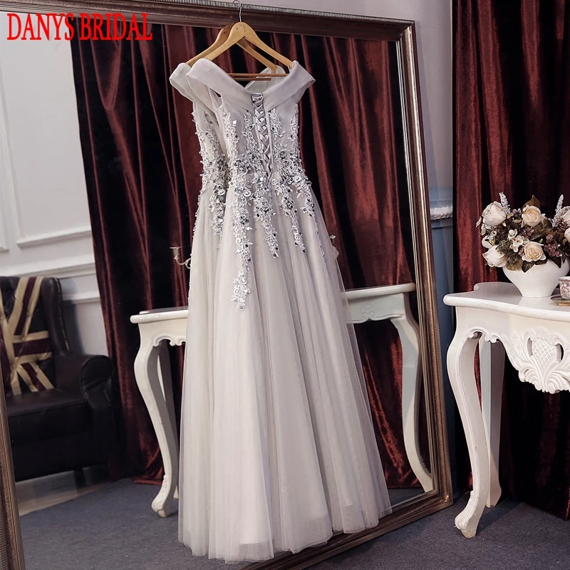 Elegant Gray Lace Evening Dresses Long Party on Sale Tulle Beaded Women Prom Formal Evening Gowns Dresses vestido de festa