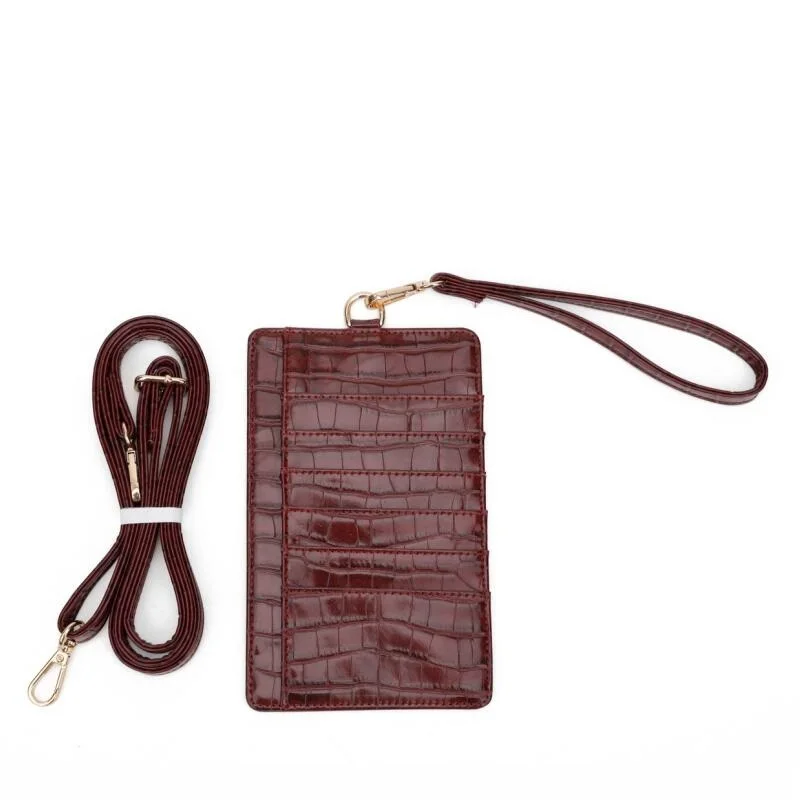 Genuine Leather Mobile Phone Card Holder Embossed Serpentine Leather Phone Wallet Python Leather Pouch With Lanyardr Phone Bag - Color: Strap Crimson