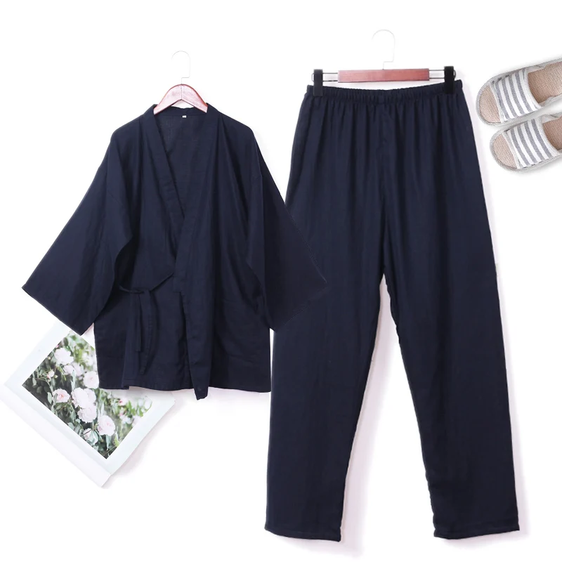 QWEEK Spring 100 Cotton Male Pajamas Sets Pyjamas Men Kimono Mens