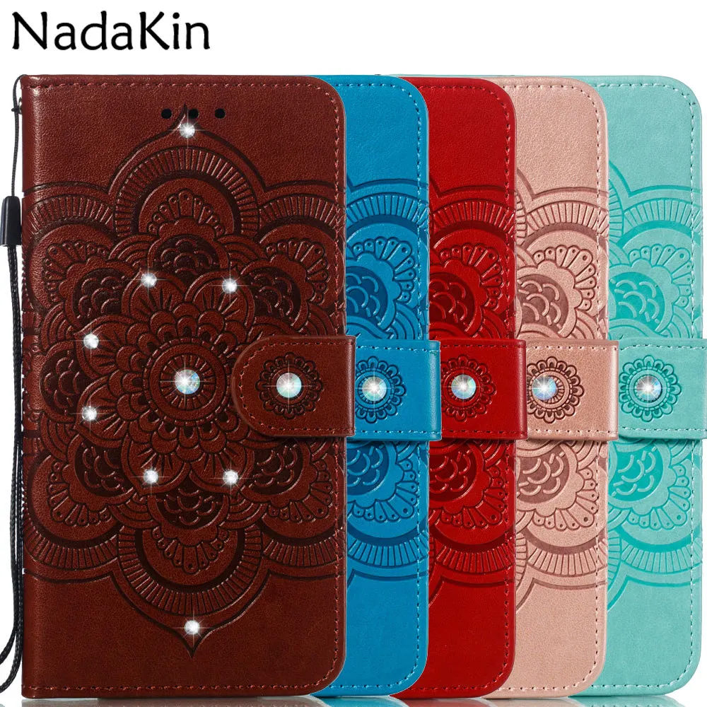 

Luxury Rhinestone Diamond Flip Book Case Shell for Huawei Honor 8A Y6 2019 Leather Wallet Flower Cover With Strap