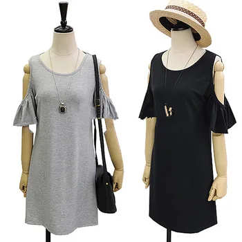 

European Style Summer Women Solid Color Cold Shoulder Off Party Swing Dress Gray Black
