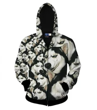 Unisex Женщины Мужчины 3d Печати Harajuku Перемычка Хаски Животных Zip-До Толстовки Черный/Желтый Сибирский хаски Животных Кофты