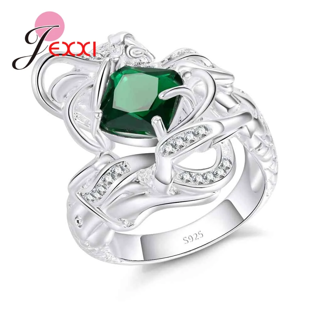 

JEXXI Real 925 Sterling Silver Size 6-12 Wedding Rings For Female Square 5Color Green Red Black CZ Crystal Big Finger Ring Bague