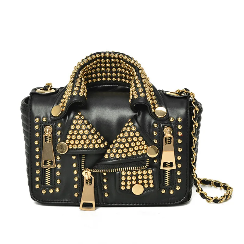 2018 Women Messenger Bags PU Leather Personality Jacket Rivets Chains Lady Handbag Flap Shoulder Golden Silver Zipper Bag Party 2018 Women Messenger Bags PU Leather Personality Jacket Rivets Chains Lady Handbag Flap Shoulder Golden Silver Zipper Bag Party