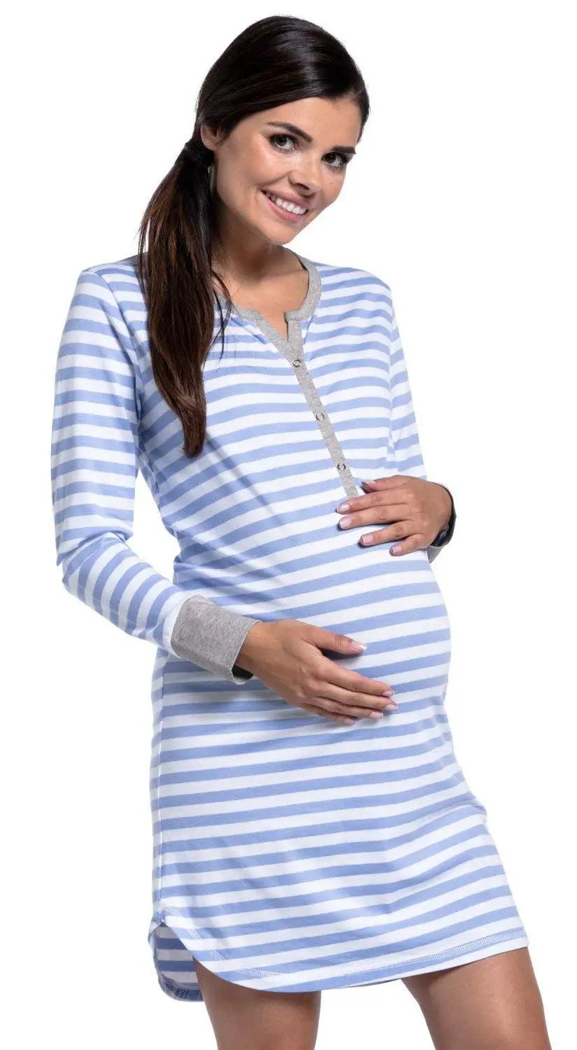 Striped Maternity Robe Pregnant Long Sleeve Labor Delivery Nursing Hospital Gowns Nursing Nightgown for Breastfeeding Sleepwear