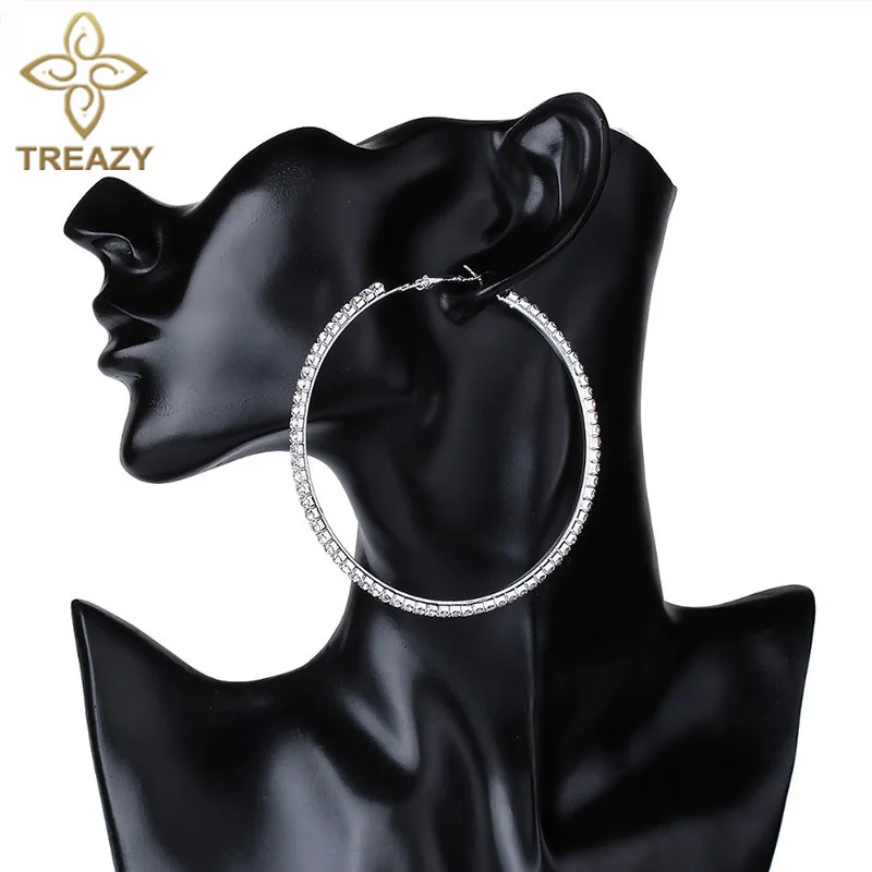 

TREAZY Silver/Gold Color Big Crystal Hoop Earrings Classic Full Rhinestone Circle Earrings For Women Party Round Trendy Brinco