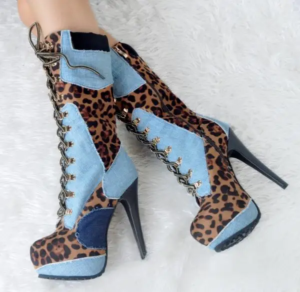 

Mid-calf women Spring Autumn boots blue denim leopard patchwork fashion boots lace-up heels platform shoes high heel boots