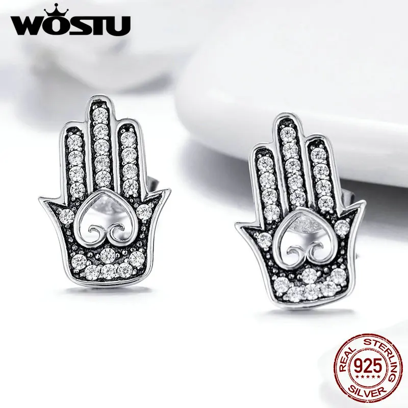 

WOSTU Genuine 925 Sterling Silver Bohemia Fatima Hamsa Hand Heart Stud Earrings for Women Silver Jewelry Brincos Gift FIE416
