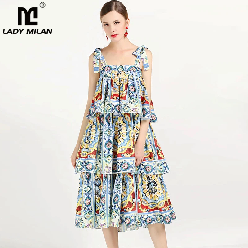 

New Arrival 2019 Women's Spaghetti Straps Printed Tiered Ruffles High Street Fashion Casual Summer Dresses