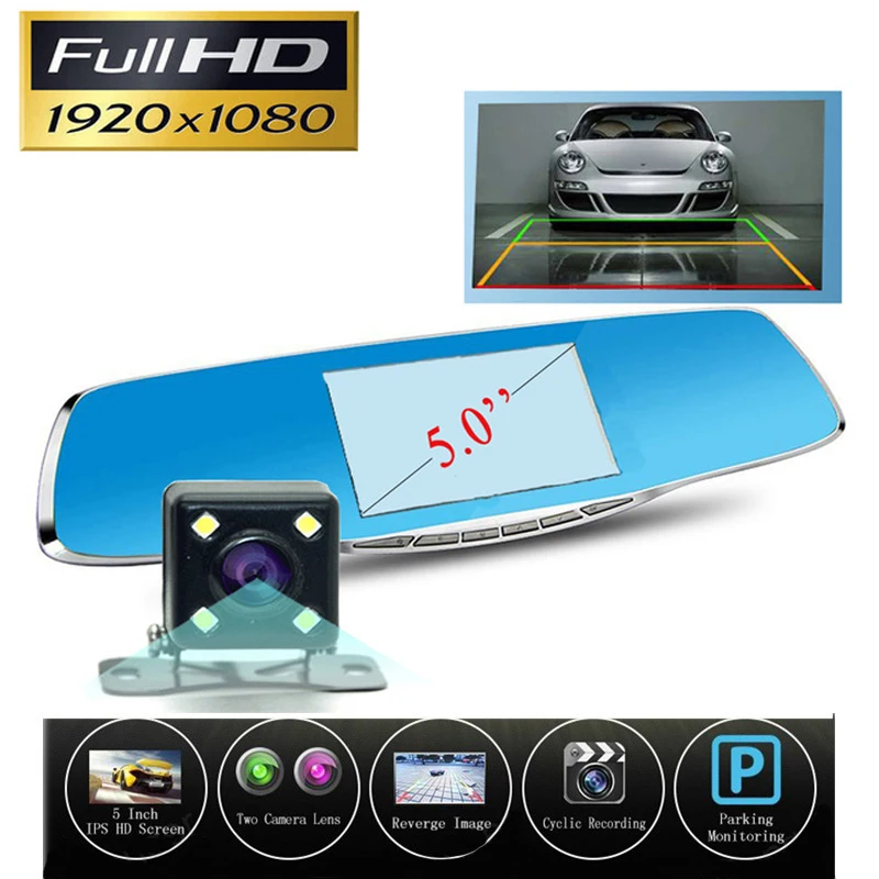 New 5 Inch Car Dvr Camera Rearview Mirror Digital Video Recorder With Dual Lens Registrar Camcorder Full HD 1080P Night Vision