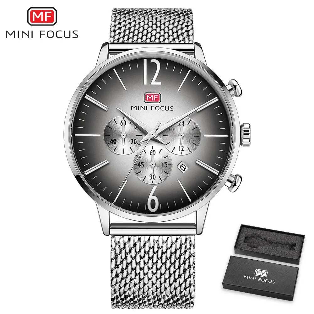 MINIFOCUS Лидирующий бренд модные роскошные Для мужчин часы Нержавеющая сталь сетка ремень наручные ультратонкой кварцевые часы для мужчин часы хронографы мужские - Цвет: Silver With Box