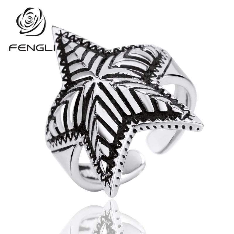 

FENGLI Bohemia Big Star Charm Ring For Women Beach Classic Jewelry Punk Antique Silver Finger Engagement Ring Party Gift