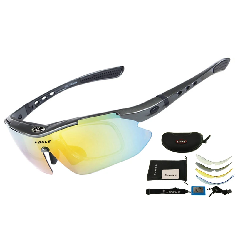 LOCLE поляризационные велосипедные солнцезащитные очки для спорта на открытом воздухе велосипедные очки для мужчин и женщин велосипедные солнцезащитные очки 29g очки 5 линз - Цвет: Серый