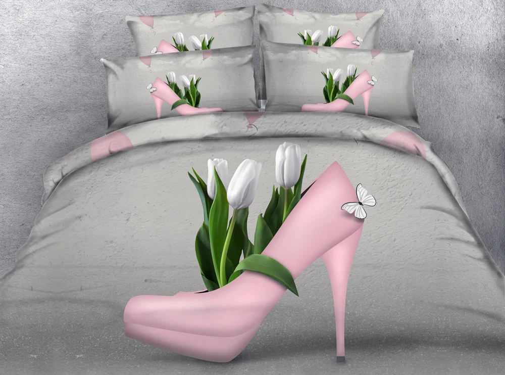 JF-169 Pastel Pink stiletto heel shoe white tulip and butterfly print 3D bedding set Girls High-Heel Dream | Дом и сад