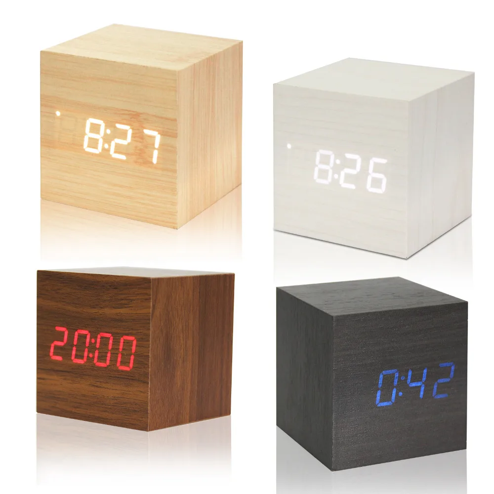 USB/AAA Powered Cube LED Digital Alarm Clock Square Modern Wood Clock