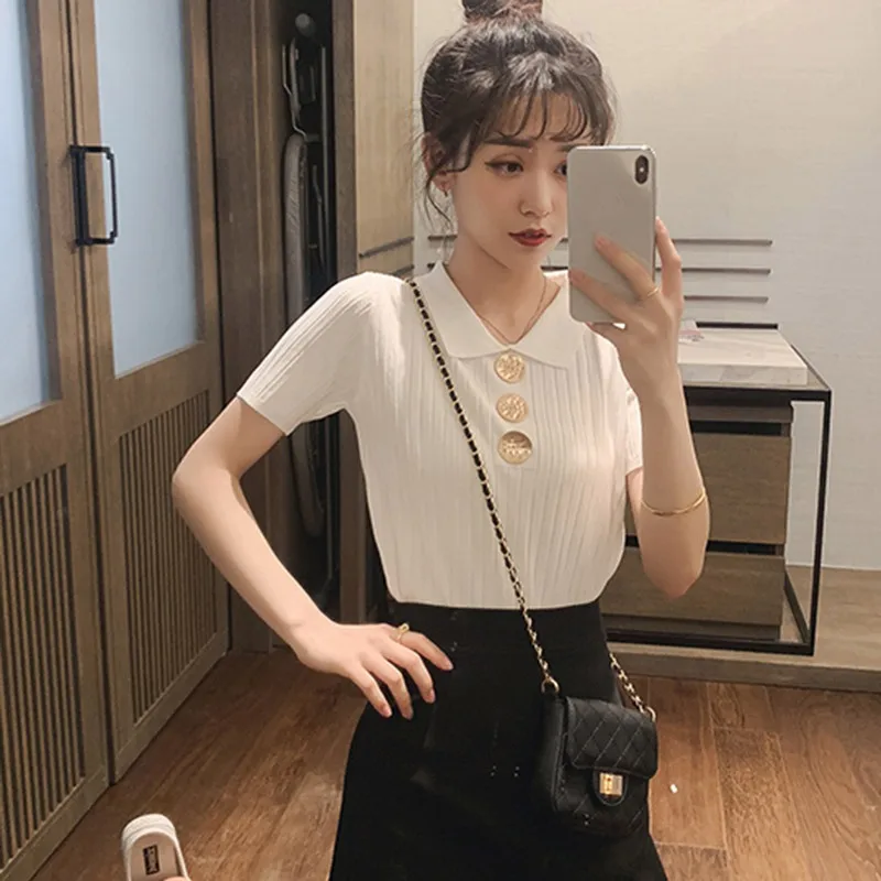 

T Shirt Women Korean Turn-down Collar Short Sleeve Summer Tshirt Solid Casual Knitted Tops Lady Buttons Fashion Top Tees