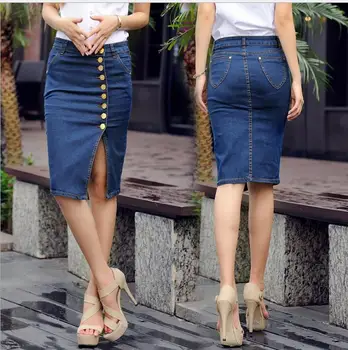 

Womens Summer Large Size Package Hip Denim Skirts Stretchy Fashion Female Button Jeans Skirt Saias Dark Blue/Black Skirt J2779