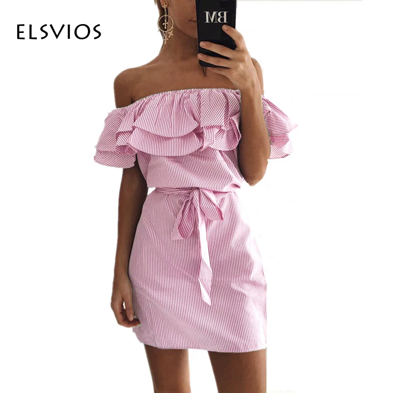 Wholesale 2017 Ruffles slash neck women dress Summer style off shoulder Butterfly Sleeve dresses Striped mini dress With Belt Vestidos Buy Cheap 2017 Ruffles slash neck women dress Summer style off shoulder Butterfly Sleeve dresses Striped mini dress With Belt Vestidos