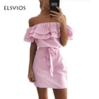 Cheap 2017 Ruffles slash neck women dress Summer style off shoulder Butterfly Sleeve dresses Striped mini dress With Belt Vestidos