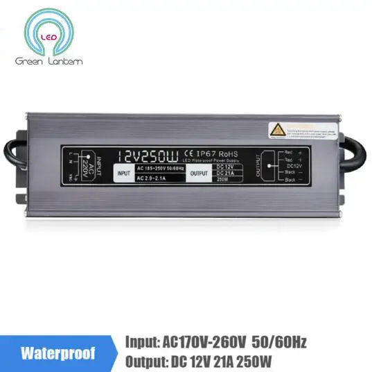 

12V 21A 250W 170-260V Lighting Transformer, Aluminum IP67 Waterproof LED driver Power Supply Adapter for LED Strip Lights