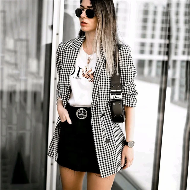 Blazer elegante a cuadros para mujer, tres cuartos con bolsillo Chaqueta de  manga, decoración, ropa de oficina, prendas de vestir exteriores femeninas,  tops elegantes _ - AliExpress Mobile