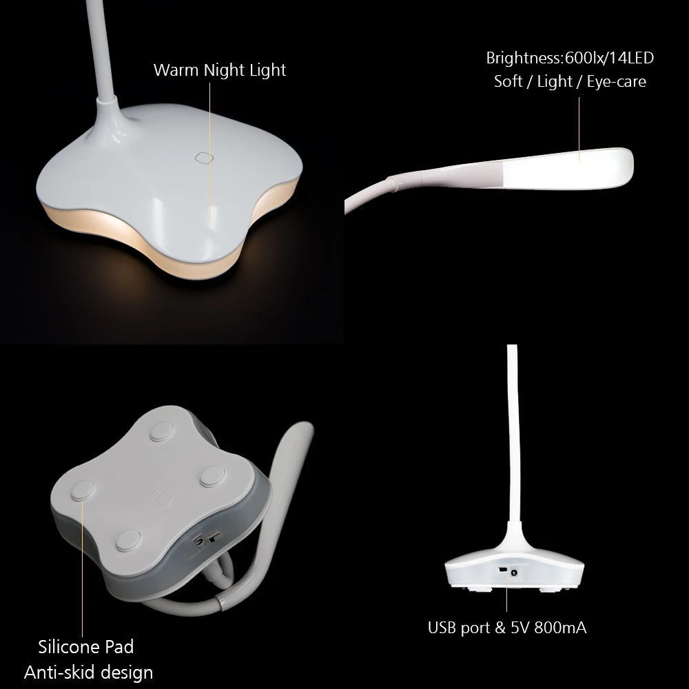 LED Desk Table Lamp Night Light Clover 3 Level Dimmable Auto Sensor Touch Wireless USB Rechargeable For Bedside Reading