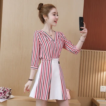 

2019 Spring Fashion Pink Stripe Full Sleeve Blouse V-neck High Waist Top And Skirt Set Chiffon Women Clothes 2 Set Casual Shirts