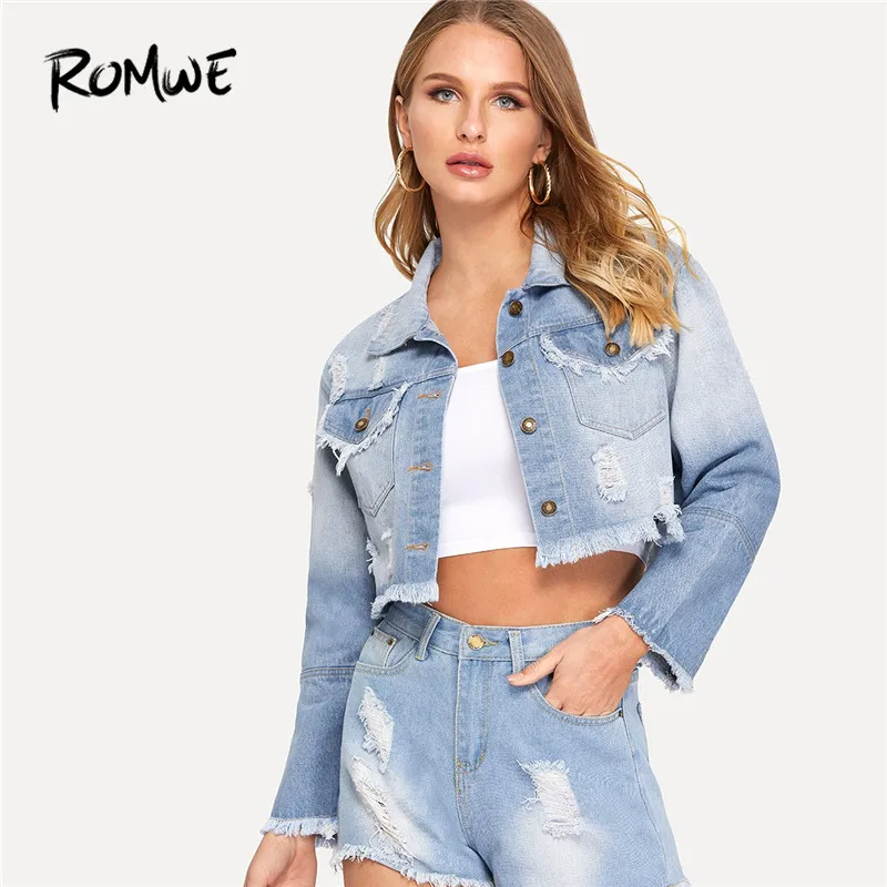 ROMWE Light Blue Frayed Hem Faded Crop Denim Jackets Casual Women Turn