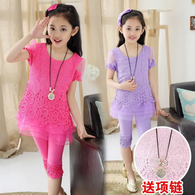 

Kids Clothes Girls Princess Set Summer Sports Short Sleeve + Skinny Shorts Set Toddler Girl Clothes Summer Hollow Embroidery Set