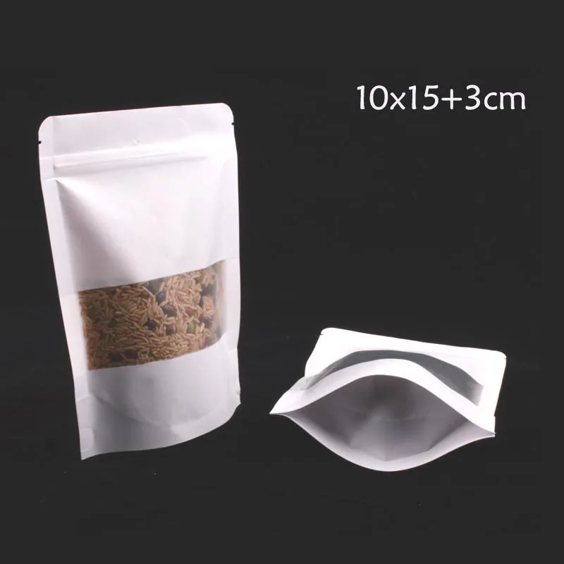 200PCS 10*15+3CM Standup White kraft paper Ziplock Bag with window