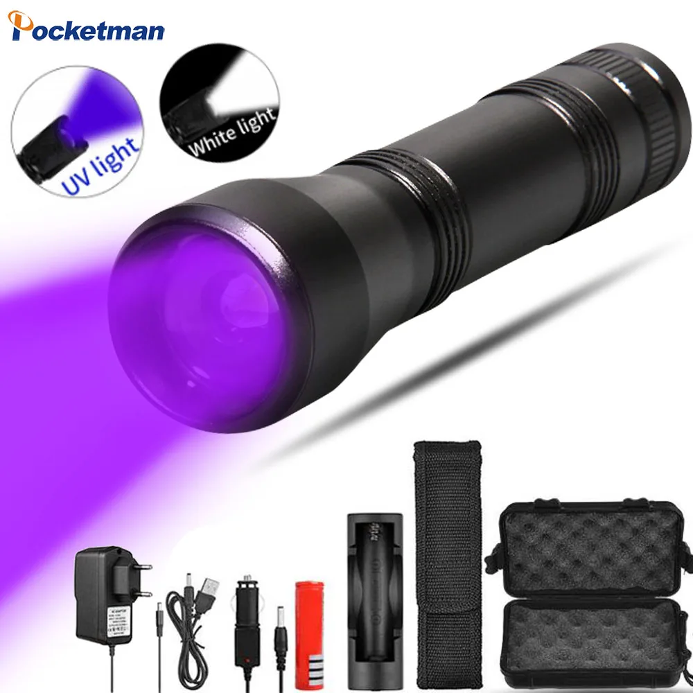 

8000Lums LED 395nm UV Flashlight UV Light L2/T6 white light LED Torch Light 5Mode Zoomable Blacklight USE 18650 Battery