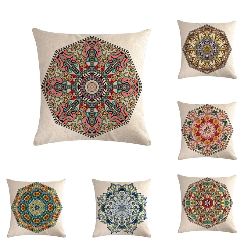 

Paint Cushion Cover 45x45cm Boho Decoration Vintage Mandala Round Printed Flax Fluffy Pillowcase Ethnic Garden Rattan Chair