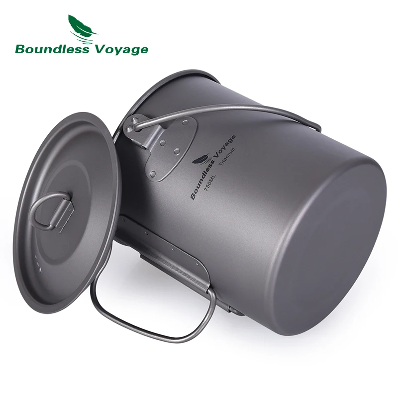 Boundess viaje 750 ml de titanio colgando de la olla con tapa plegable de Camping al aire libre Copa con tenedor Picnic de utensilios de cocina