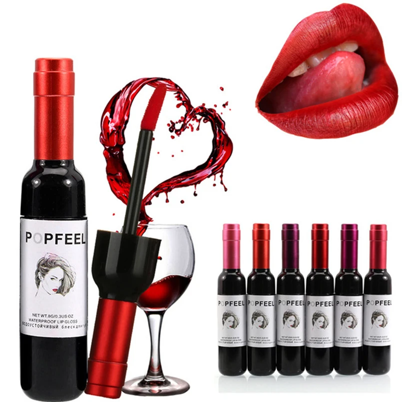 

POPFEEL Wine Bottle Lip Gloss 6 Colors Liquid Lipstick Lips Makeup Waterproof Non Stick Cup Lip Gloss Batom Beauty Lip Cosmetics