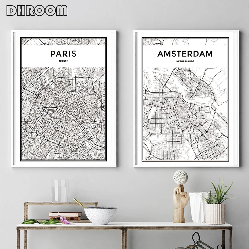 Карта всемирно известных городов Нью-Йорк, Лондон, Париж, холст, постеры, принты, настенные художественные черно-белые картины для гостиной
