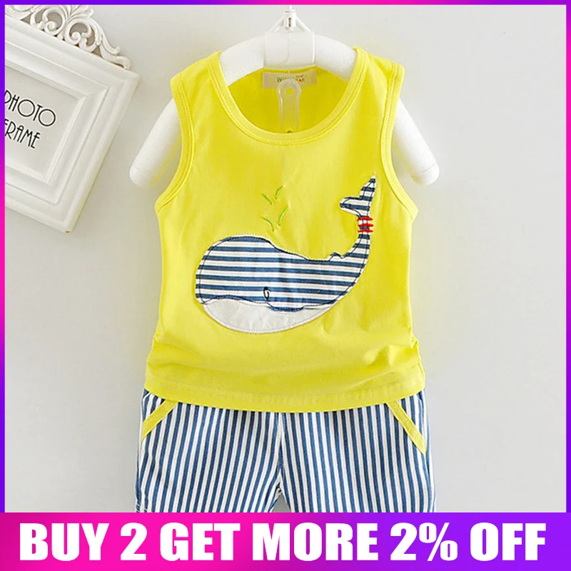 

BibiCola Summer Baby Boy Clothes Children Boys Clothing Sets Kids Clothes Set Cartoon Whale Tops+Striped Pants 2PCS Sport Suit