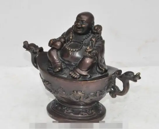 

S2091 6"Chinese Bronze Wealth Happy Laugh Maitreya Buddha Dragon Play Yuanbao Statue