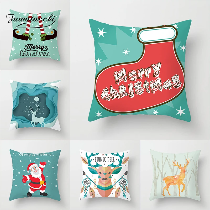 

Fuwatacchi Christmas Cartoon Cushion Cover Deer Santa Printed Pillow Cover Snow Winter Decorative Pillows For Sofa Car
