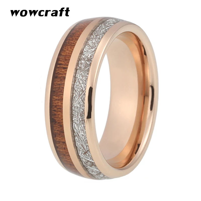8mm Black Tungsten Carbide Ring for Men Women Wedding Band Real Koa Wood Meteorite Inlay Couple Rings Rose Gold Silver Colors