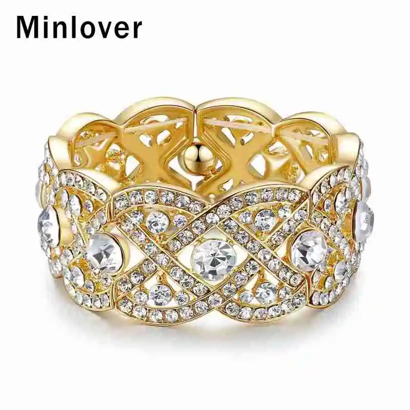 Minlover Gold Color Crystal Big Bangles for Women Luxury Flower Rhinestone Bridal Bracelet Wedding Jewelry Accessories SL053