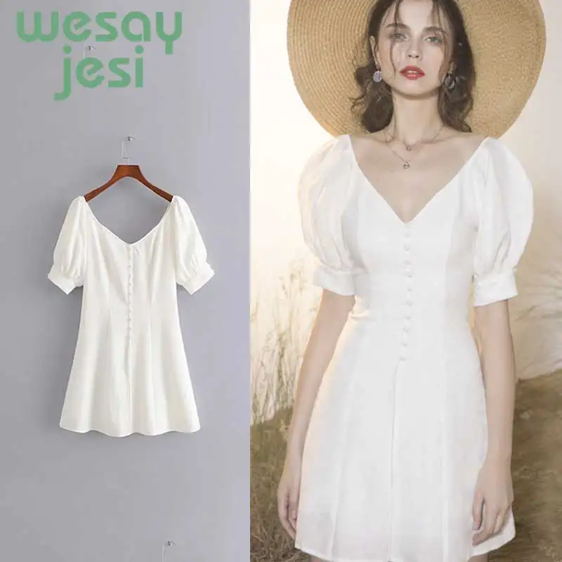 

Solid Casual Mini Dress Sexy V-Neck Short Sleeve Buttons Women 2019 New Summer Dresses Cotton White Dress Female Vestidos