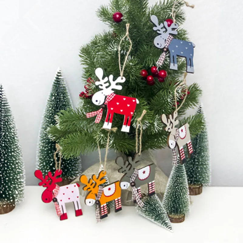 

6Pcs/set Creative Painted Wood Elk Pendant Christmas Tree Deer Ornaments Xmas Decoration YLM9690