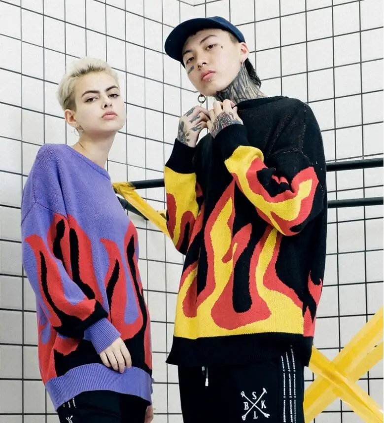 

2018 Flame Fire Pattern Pullover Loose Sweater