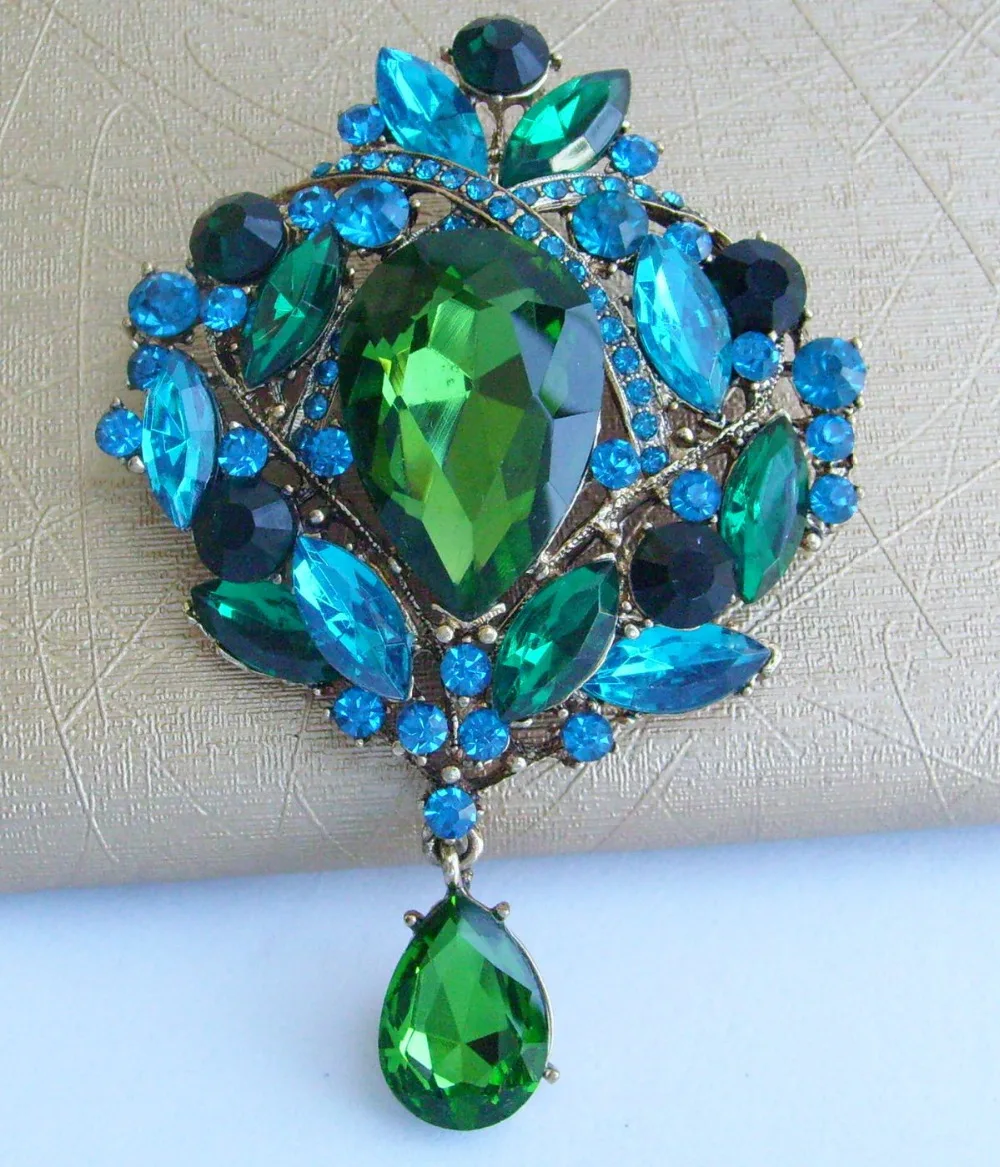 

3.54" Blue Green Cyan Green Rhinestone Crystal Teardrop Brooch Pin Pendant EE04082C10