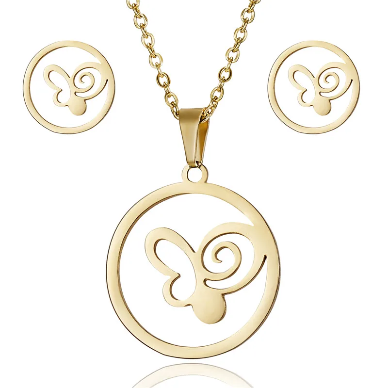 

Round Hollow Animal Butterfly Gold Stainless Steel Sets For Women Necklace Earrings Jewelry Set Jewelry Valentine's Day Gift