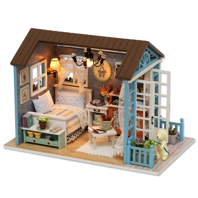 American Style Funny Wooden Mini Classical House DIY Crafts Toys Dollhouse with LED Light Exquiste Gifts for Children Handmade 